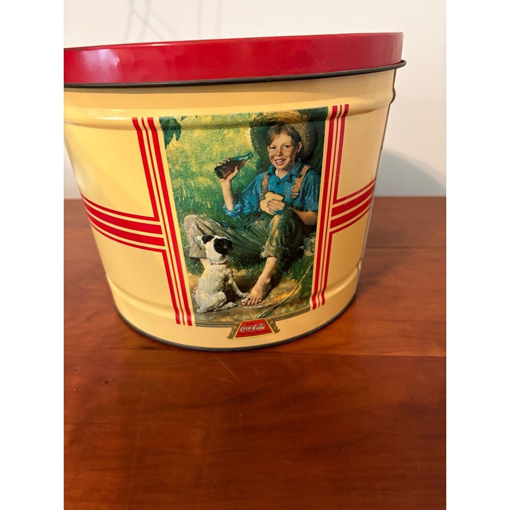 Coca-Cola Norman Rockwell Fishing Tin with Lid 10”